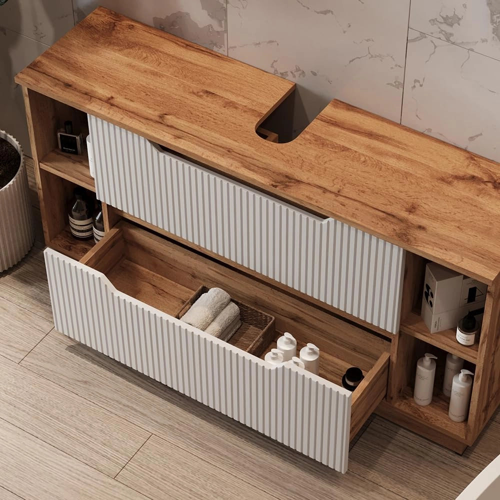 Mobile sottolavabo per bagno Lotta, Rovere/bianco a strisce, 119.2 x 62.5 cm con 2 cassetti