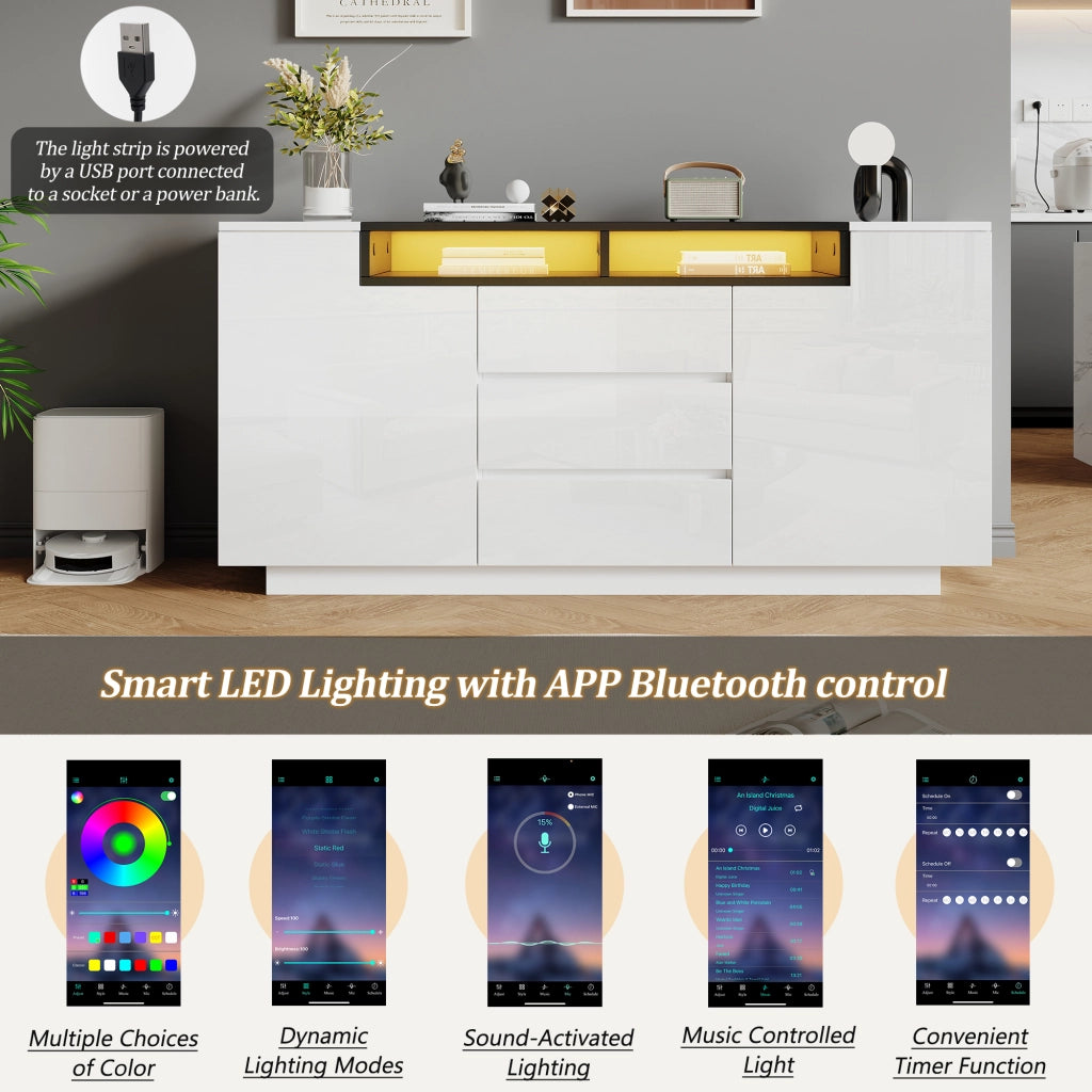 Credenza e madia con 2 ante, 3 cassetti, vani aperti e LED, per soggiorno, bianco e nero 140 × 40 × 68 cm