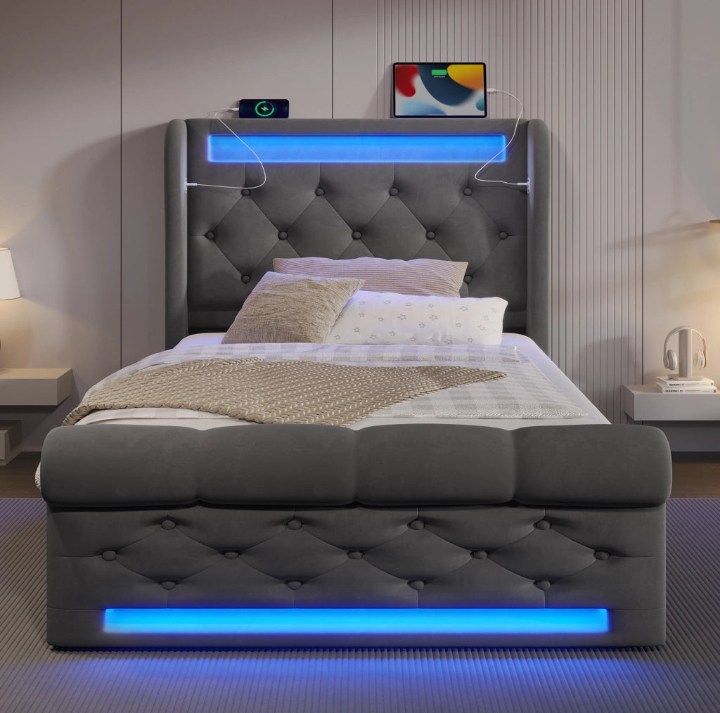 Letto imbottito con LED, ricarica USB e contenitore