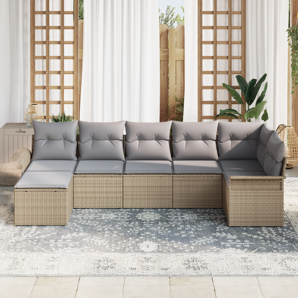 Set di divani da giardino 7 pezzi con cuscini beige in polyrattan