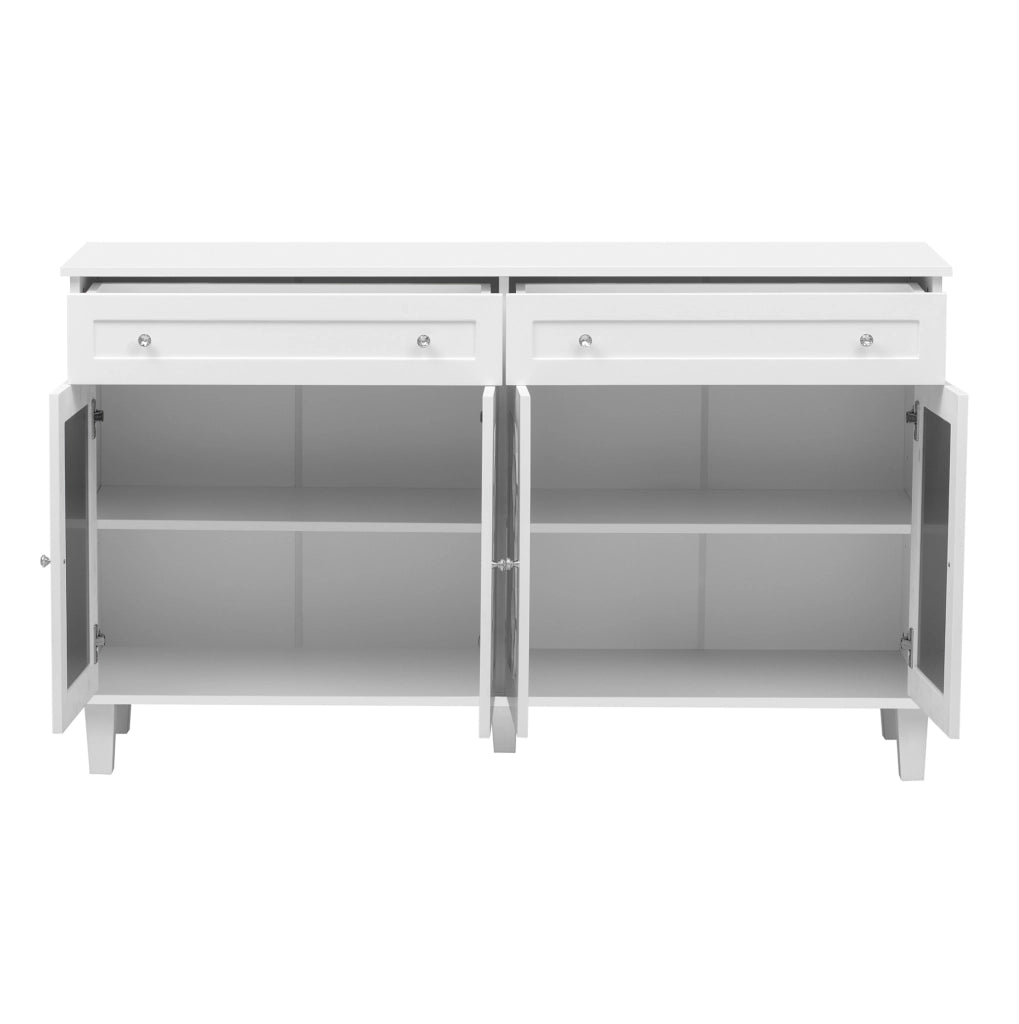Credenza bianca in MDF con 4 ante a specchio; 2 cassetti e ripiano regolabile; 140 cm