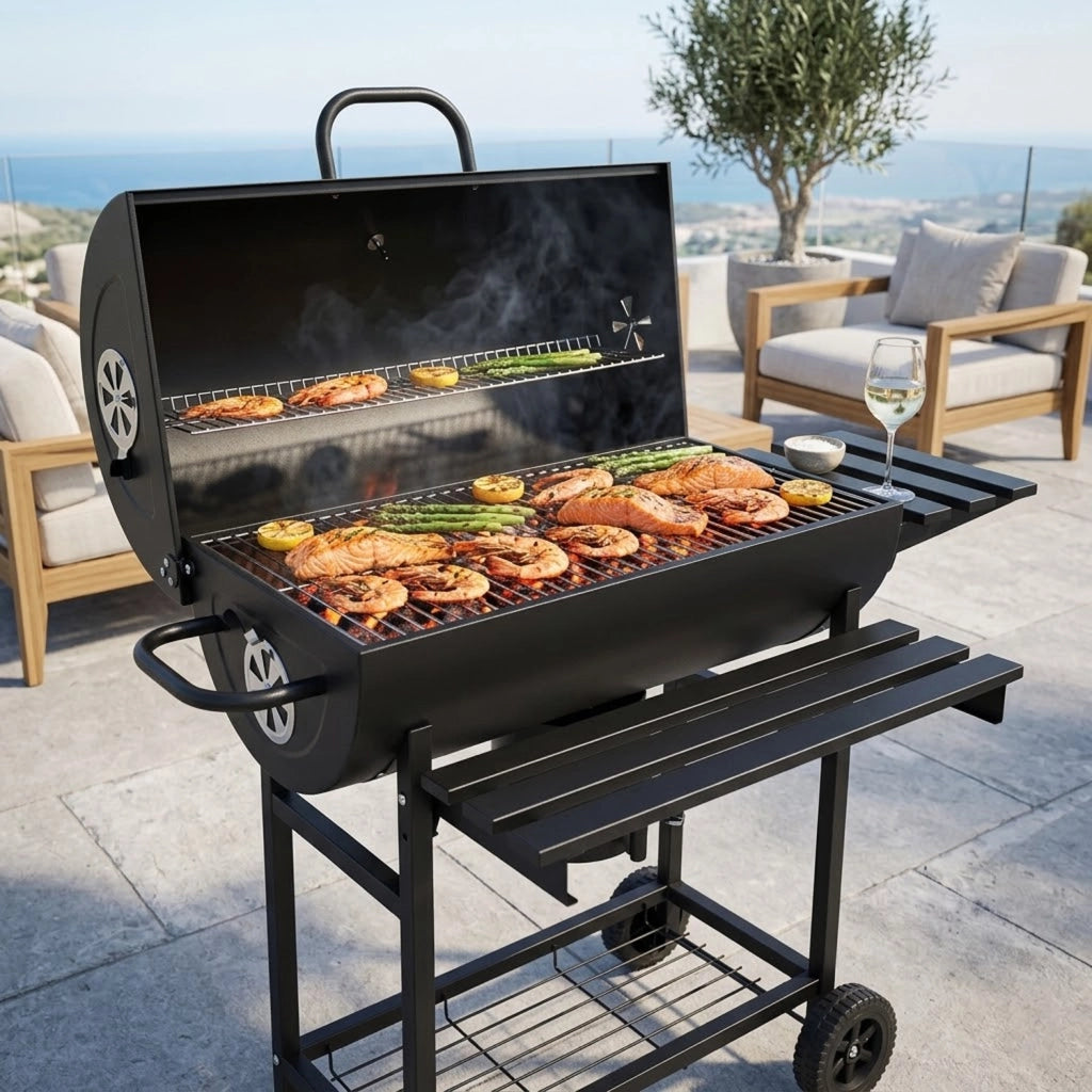 Barbecue A Carbone Con Coperchio Termometro Integrato Grill BBQ In Acciaio Con Ruote Ripiani E Ventilazione Regolabile Pinza E Guanti Ideale Per Giardino Terrazzo E Balcone 112 x 63.5 x 97 Cm Nero
