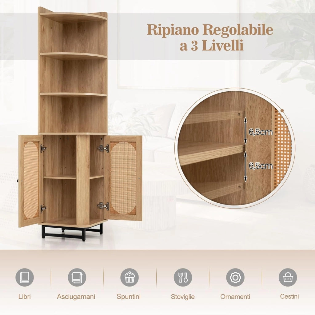 Armadietto in Legno ad Angolo Alto 172 cm con 4 Ripiani Aperti, Libreria Angolare con 2 Ante in Rattan PE e Ripiano Regolabile, Scaffale Mensola Salvaspazio per Soggiorno, Bagno e Cucina