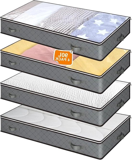 Scatole di Stoccaggio sotto il Letto - Grande Capacità - Borse di Stoccaggio per Abbigliamento - Maniglia Rafforzata - Vetrata Anteriore - Organizzatori per Armadi - Abbigliamento Giocattoli Coperte - 4 Pack