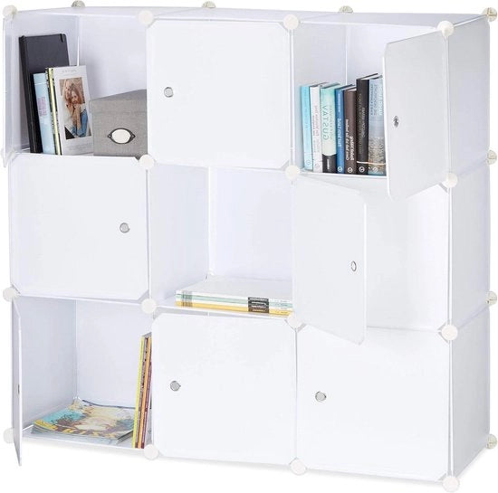 Cassettiere 9 cassette con porte - Plastica - 95 x 95 x 32 cm - Divisore per spazi - Libreria - Cassetto per giocattoli - Bianco