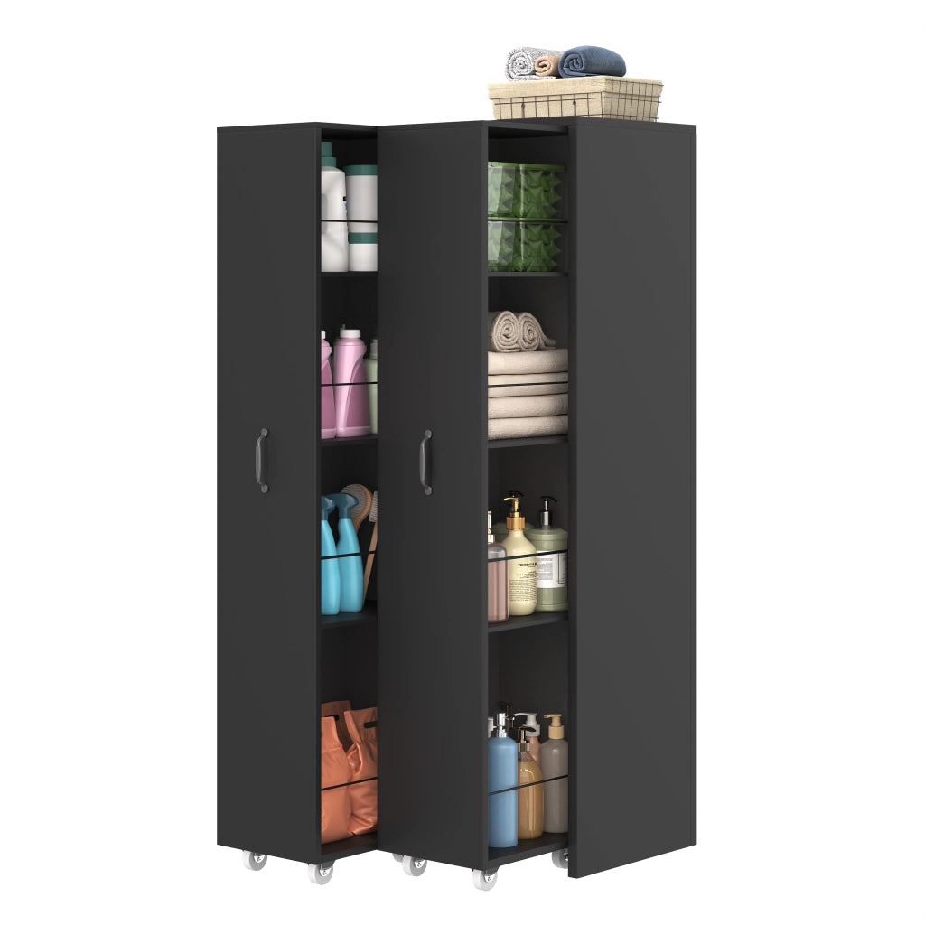 Libreria estensibile su ruote a 4 ripiani, MDF nero, moduli reversibili sinistra/destra, portata 20 kg per ripiano