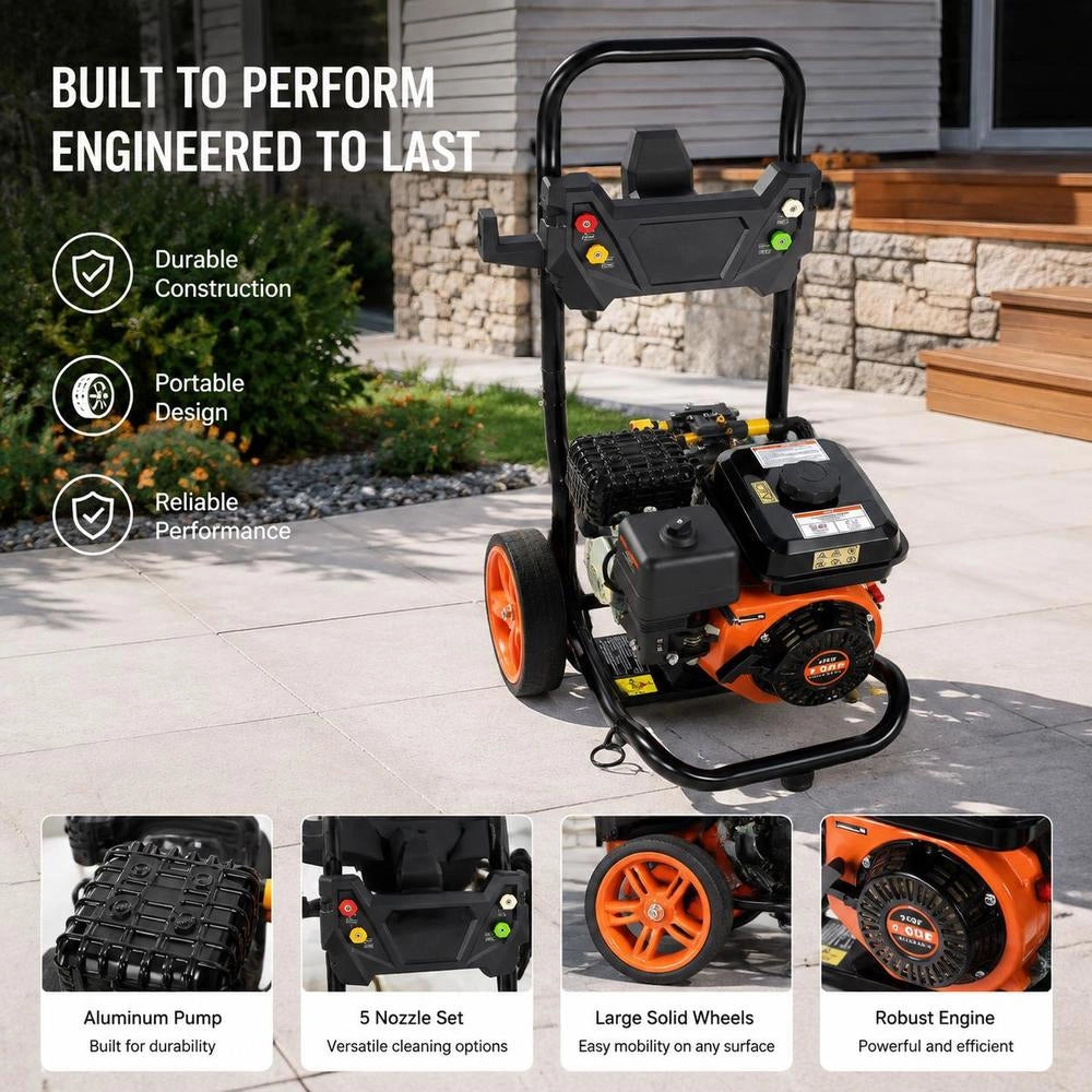 Petrol Pressure Washer, 3400 PSI 2.6 GPM, Patio Cleaner 10 L/min With Aluminum Pump, High-pressure Gun & Extension Wand, 5-nozzle Set, For Cars, Fences, Houses, Patios, Vertical