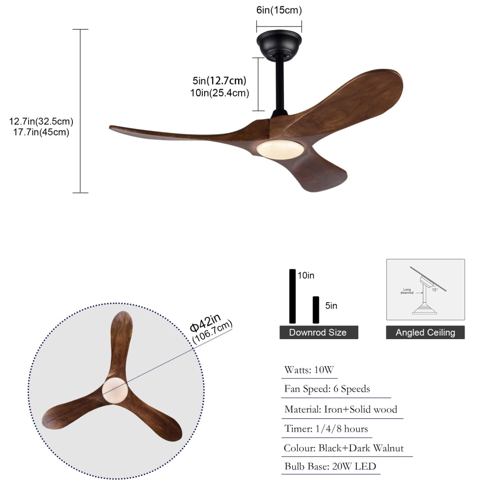 Ventilatore da soffitto ULEVR 42 pollici con luce LED dimmerabile 3CCT, motore DC e telecomando, nero e noce scuro