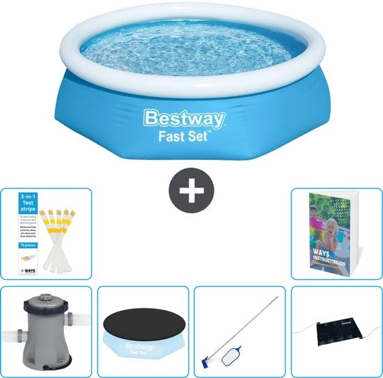 Piscina Opzionale Rond Inflabile Fast Set - 244 x 61 cm - Blu - Inclusa Pomp Copertura - Kit Pulizia - Mat Matita Solare - 7 Pezzi