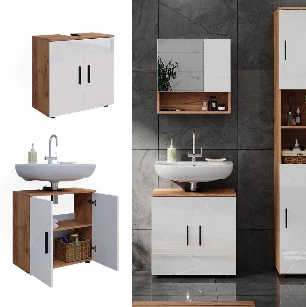 Mobile sottolavabo per bagno Irma, Bianco lucido/oro power oak, 60 x 59 cm, con ritaglio per sifone e ripiano interno per conservazione