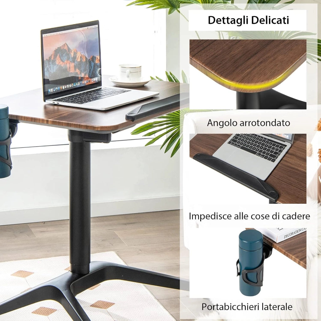 Scrivania Regolabile in Altezza, Tavolino da Letto e Divano Inclinabile con Ruote, Deflettore Anticaduta e Porta Bicchieri, Tavolino per Ufficio e Casa, 72 x 50 x 74-107 cm
