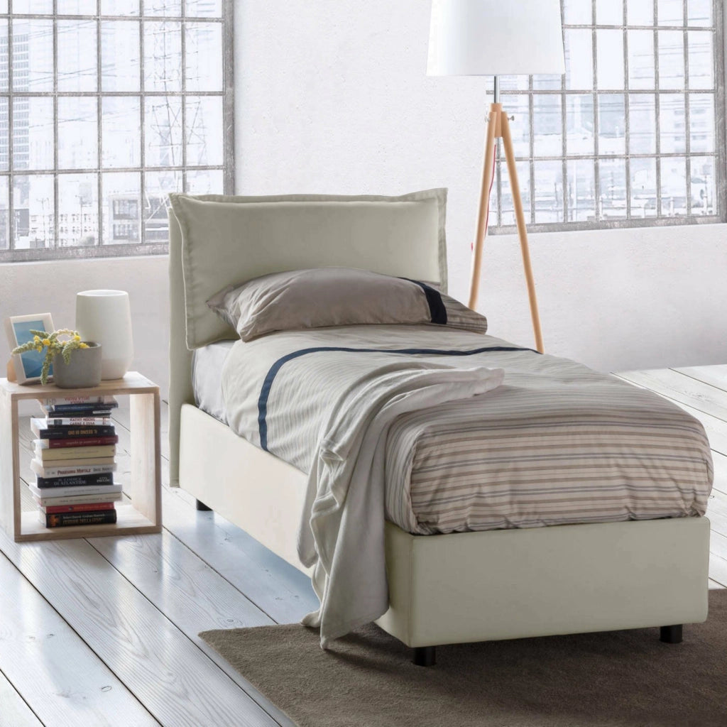 Letto singolo Armaduk, Letto contenitore con rivestimento in tessuto, Made in Italy, Apertura frontale, con materasso cm 80x190 incluso, Beige