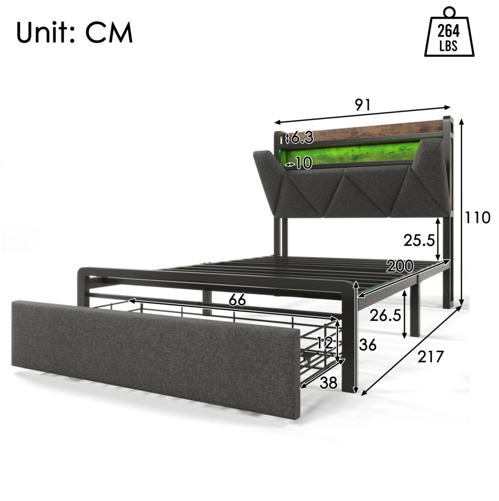 Letto singolo 90x200 cm con LED, USB/Type-C, testiera contenitore e cassetto