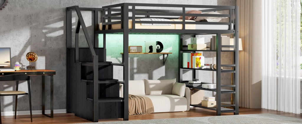 DESMIU Letto a soppalco 140 × 200 cm 2 posti con scaffali, armadio e LED, senza materasso, in metallo, nero