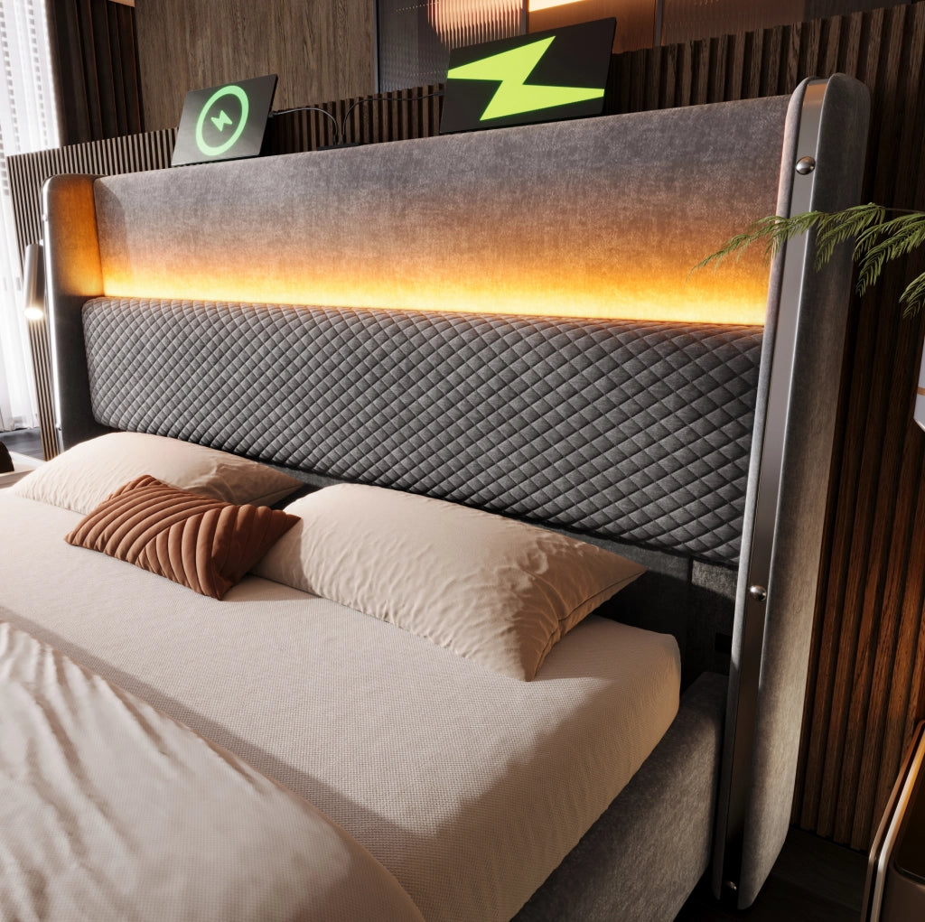 Letto matrimoniale 140x200 cm con testiera alta; LED; contenitore; USB e Type-C; grigio
