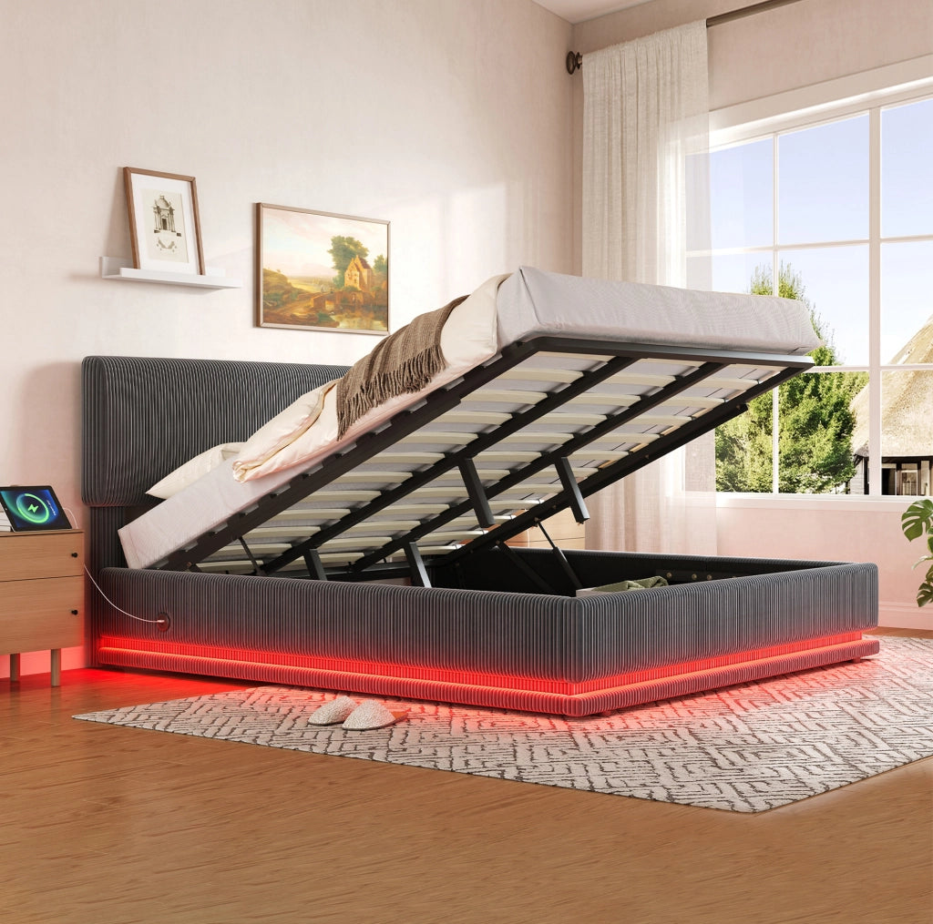 Letto imbottito 180x200 cm grigio scuro con LED e USB-C
