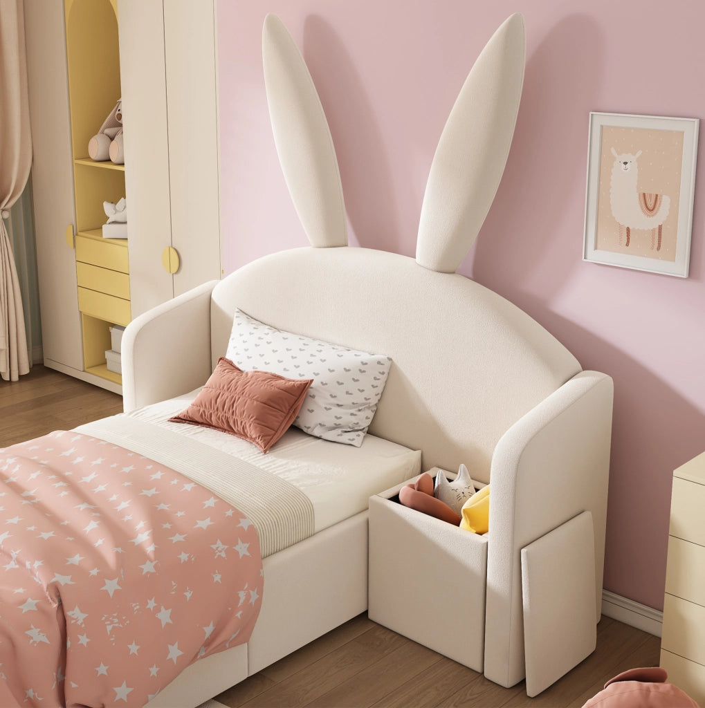 Letto imbottito 90x200 con contenitore idraulico e comodino beige