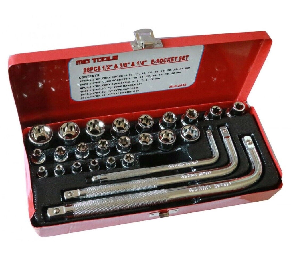 26 CHIAVI BUSSOLE TORX FEMMINA E4-E24 PROLUNGHE ATTACCO 1/2" 1/4" 3/8"