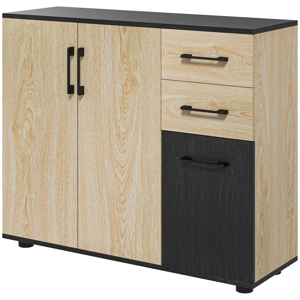 Credenza Moderna con 2 Armadietti e 2 Cassetti in Legno, 90x30x75.5cm, Noce e Nero