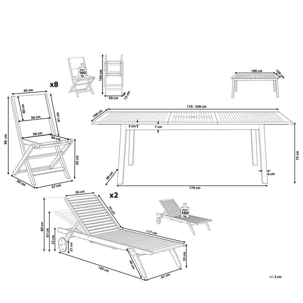 Set da pranzo da giardino in marrone chiaro acacia tavolo rettangolare 8 posti 2 lettini 11 pezzi