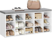 VASAGLE Panca Scarpiera, Scarpiera Ingresso con Seduta Imbottita e 15 Scomparti, Scaffale Porta Scarpe da Ingresso, 30 x 105 x 48 cm, Bianco e Grigio LHS15WT