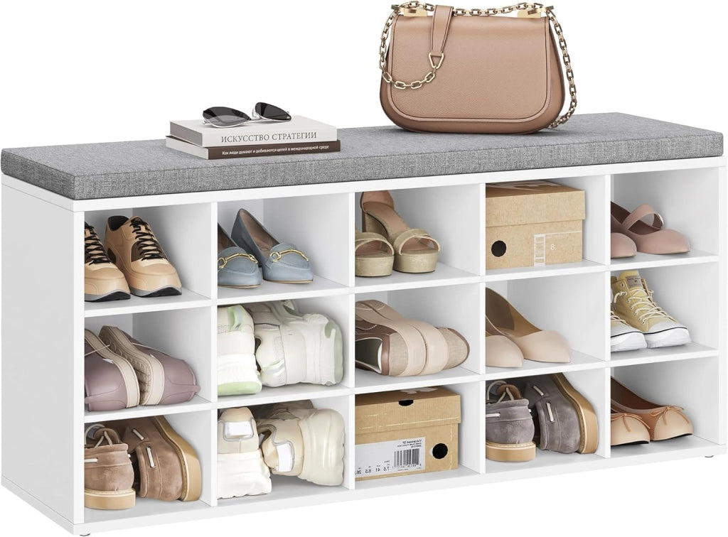 VASAGLE Panca Scarpiera, Scarpiera Ingresso con Seduta Imbottita e 15 Scomparti, Scaffale Porta Scarpe da Ingresso, 30 x 105 x 48 cm, Bianco e Grigio LHS15WT