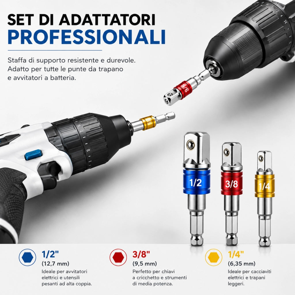 Set 3 Adattatori Per Bussola Trapano Avvitatore 1/4" 3/8" 1/2" Acciaio CRV 31488