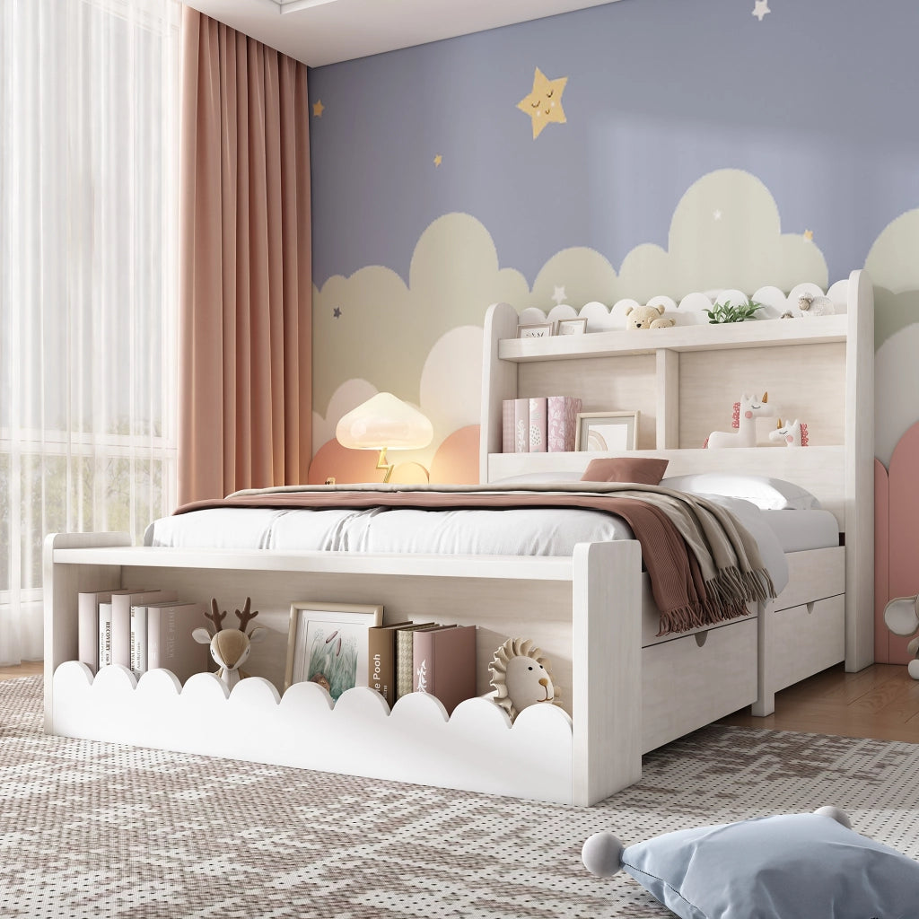 OKWISH Letto Bambino 90×200 cm, Letto Singolo con 2 Cassetti, Mensole e Panca Contenitore, senza Materasso, Legno e MDF, Bianco e Rovere