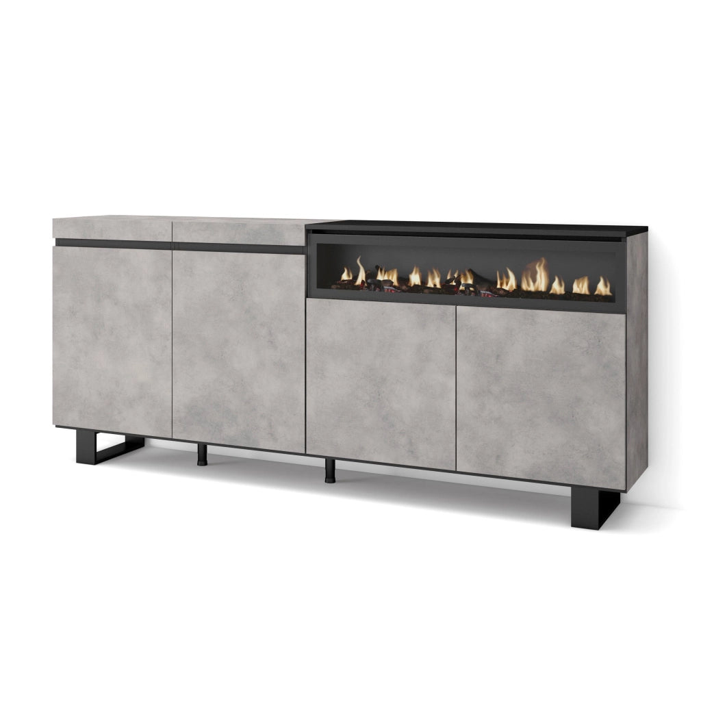 Credenza, Mobile, 200x35x87cm, 4 Porte, Camino elettrico, Design industriale, grigio cemento RF2374