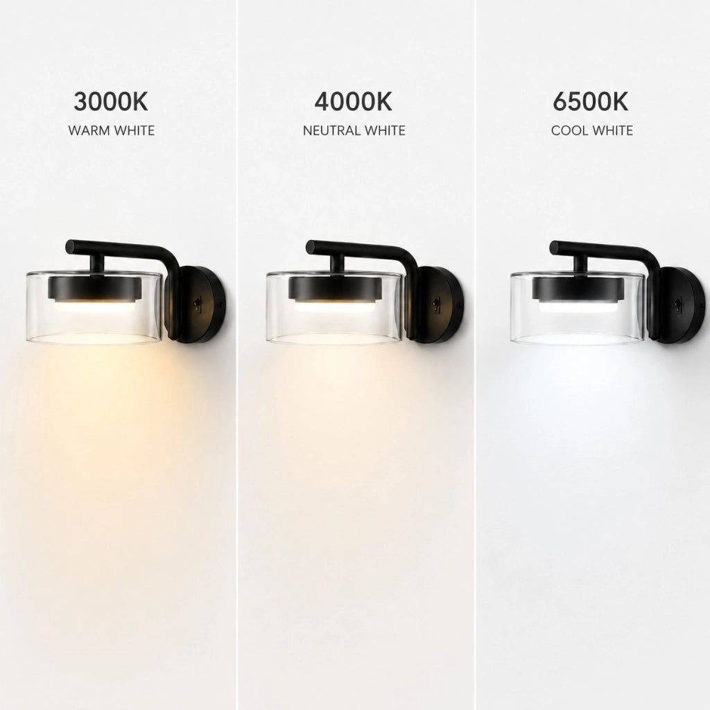 Applique LED GX53 12W da Parete con Interruttore CCT 3000K-6500K Lampada Moderna in Metallo Nero e Vetro per Camera