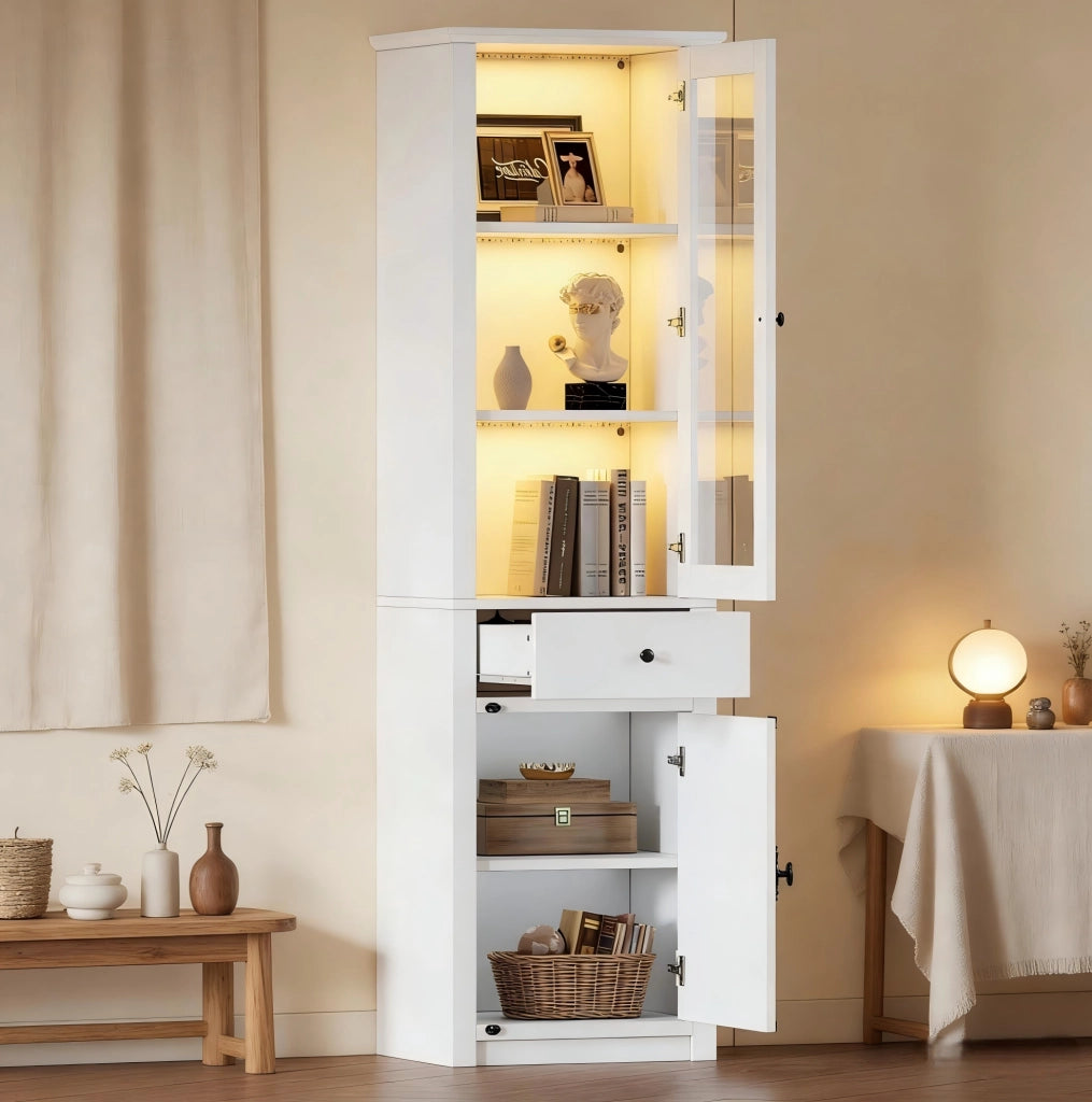 Vetrina alta LED bianca 55x40x200 cm con cassetto