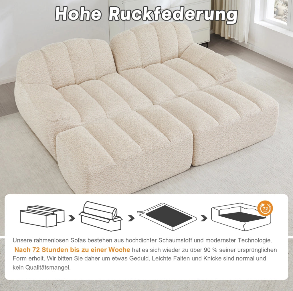 Divano modulare angolare senza struttura; 210x165x79 cm; in granulated fleece beige bianco