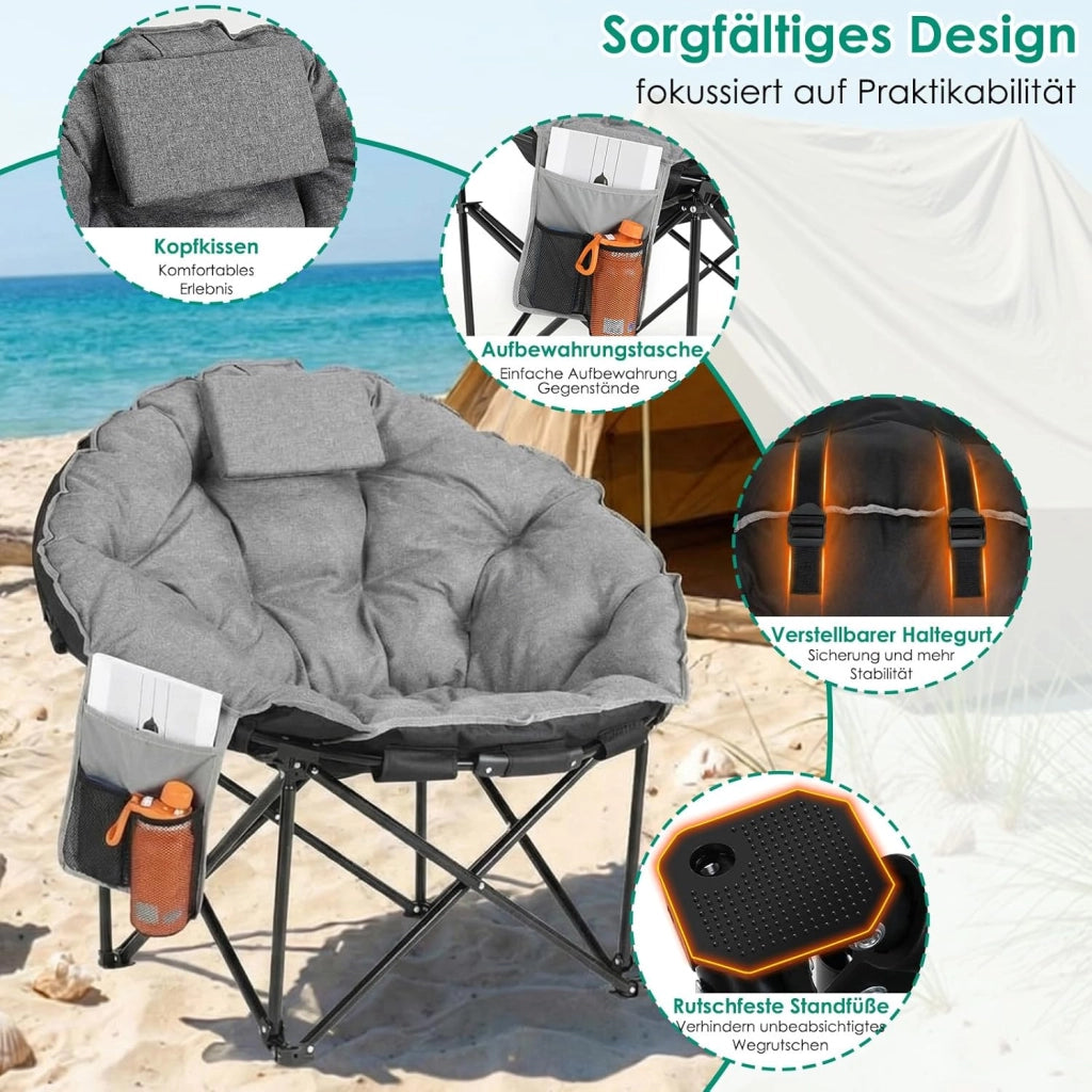 Sedia Pieghevole da Campeggio 150KG, Sedia da Campo Portatile, Moonchair imbottita XXL, con Poggiatesta, Tasca Laterale, borsa per il trasporto, per Giardino, Spiaggia, Trekking, Pesca, Grigio