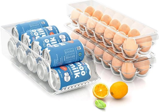 Organizzatori per frigorifero 3 in 1, con coperchi - Inclusi 14 contenitori per uova e dispenser per bevande
