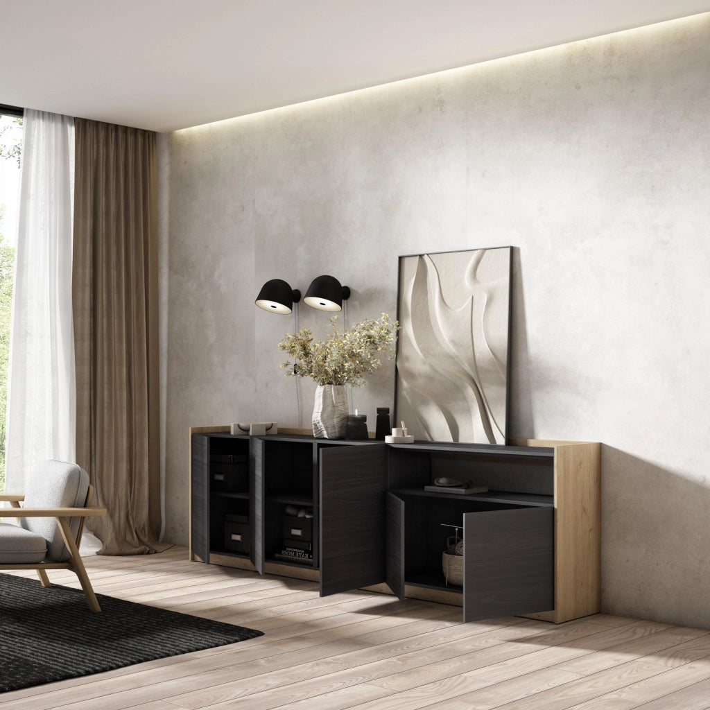 Credenza, Mobile, Cucina, 260x80x37 cm, 5 Porte, grande stoccaggio, Nero e rovere