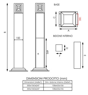Posacenere a Colonna 30,5x106,3x24,7 cm in Metallo Nero Opaco 3L per Interno Esterno