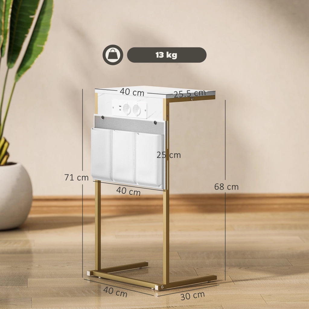 Tavolino da Caff¨¨ Effetto Marmo con Prese USB ¨C ZephMum ¨C Bianco 50x50x40