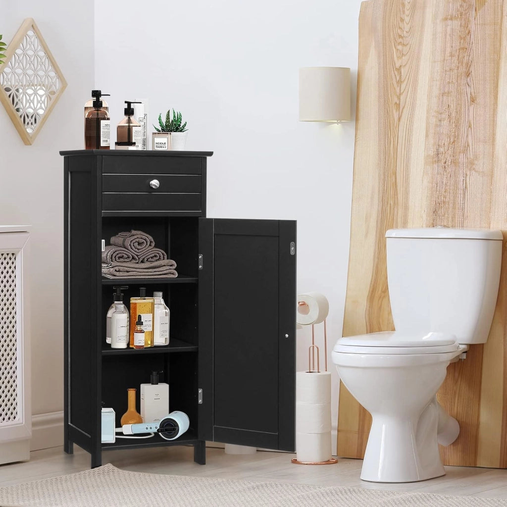 Armadietto da Bagno Autoportante 35x30x87cm, con Cassetto Anta Ripiani Regolabili a 7 Livelli, Mobiletto Bagno Salvaspazio Multiuso, con Dispositivo Antiribaltamento (NERO)