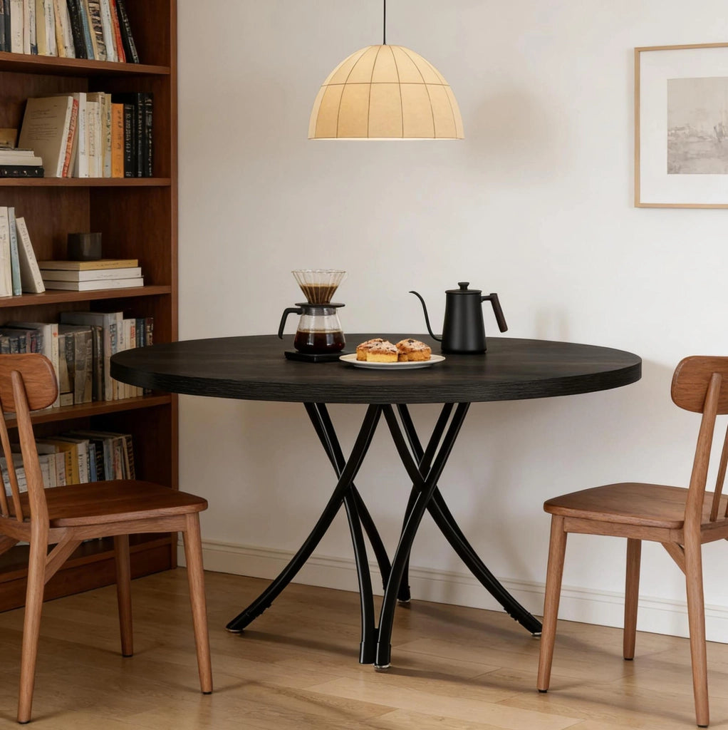 Tavolo da pranzo rotondo 120 cm in legno nero; design moderno con base a croce