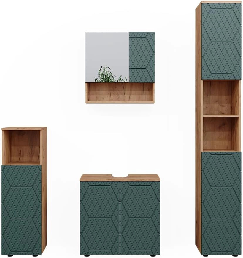 Set mobili bagno Irma, Quercia verde/oro, 4 pezzi, con colonna