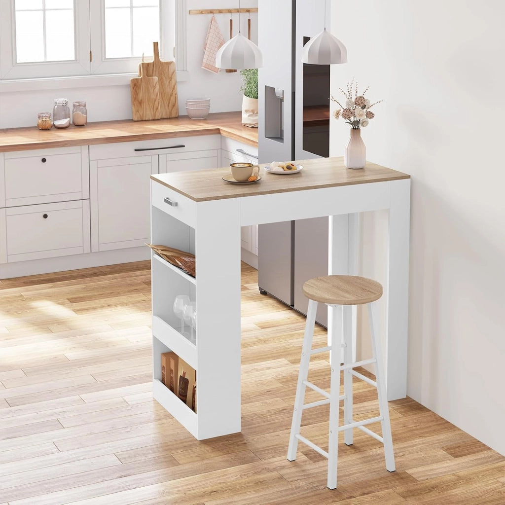 Tavolo da Bar, Bancone da Bar con 1 Cassetto e 3 Ripiani, Tavolo Penisola per Cucina, Pub, Bistrot, Legno Ingegnerizzato (Senza assi di legno, Bianco+Rovere Chiaro, 100 x 50 x100 cm)