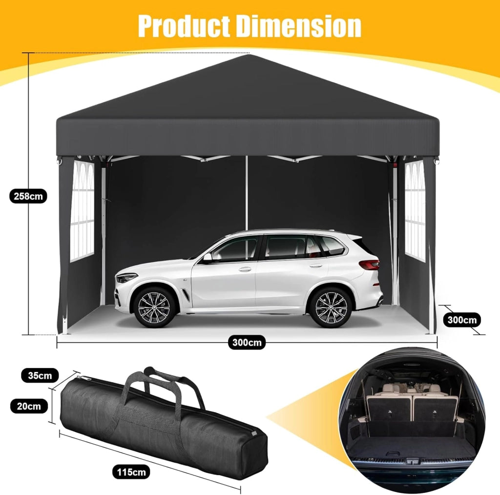 Gazebo 3x3 Pieghevole Impermeabile 3 Pieghevole Altezza Regolabile Protezione UV 50 +,Gazebo da Giardino con Borsa di Trasporto Esterno Resistente,Grigio