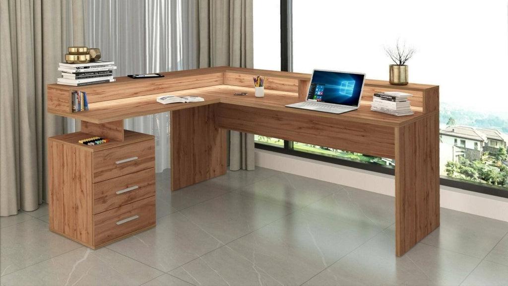 Scrivania Leonilda, Scrittoio angolare con sopralzo, Scrivania ufficio multiuso, 180x90h160 cm, Rovere