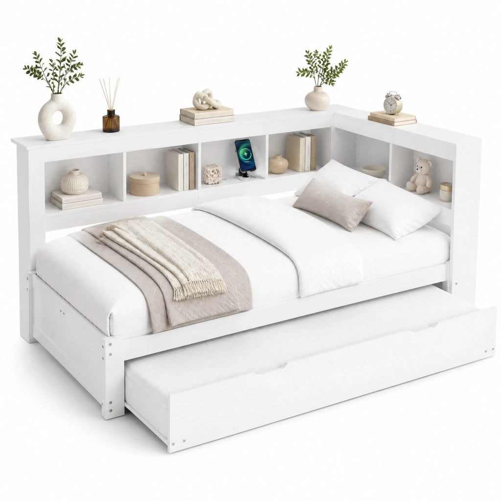 Divano letto estraibile 90 x 200 cm con prese e USB, bianco
