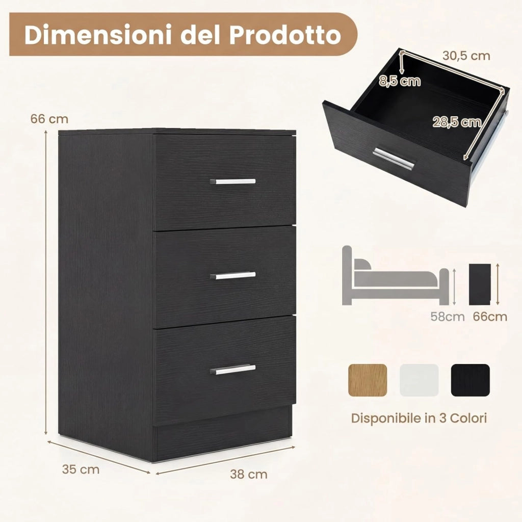 Comodino Camera da Letto 37 x 34 x 66,5cm, Cassettiera in Legno Moderno con 3 Cassetti, Mobile Salvaspazio per Soggiorno, Ufficio e Camerretta (1,Nero Legno)