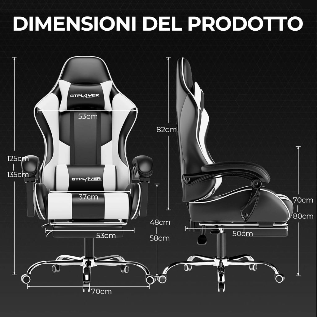 Sedia da Gaming Massaggiante ed Ergonomica con Schienale Regolabile, Poggiapiedi e Supporto Lombare - Reclinabile, Bianco