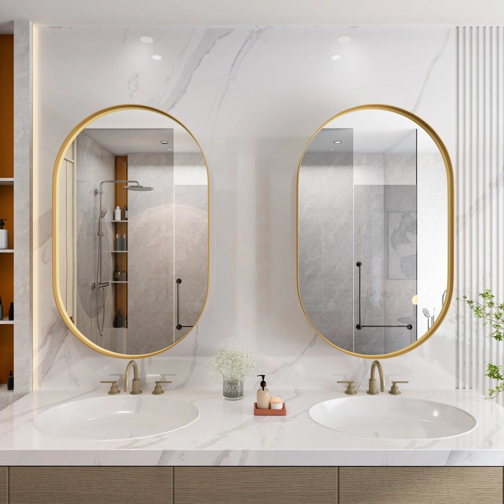 Armadietto a Specchio Ovale da Bagno con Ripiani Regolabili ¨C MINIMAL ¨C Oro