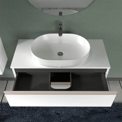 Mobile bagno sospeso 100 cm bianco opaco con top e specchio tondo Master