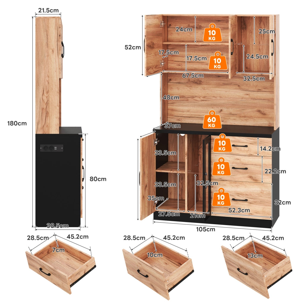 Credenza cucina moderna 105x40x180 cm in MDF; nero effetto legno con LED e prese