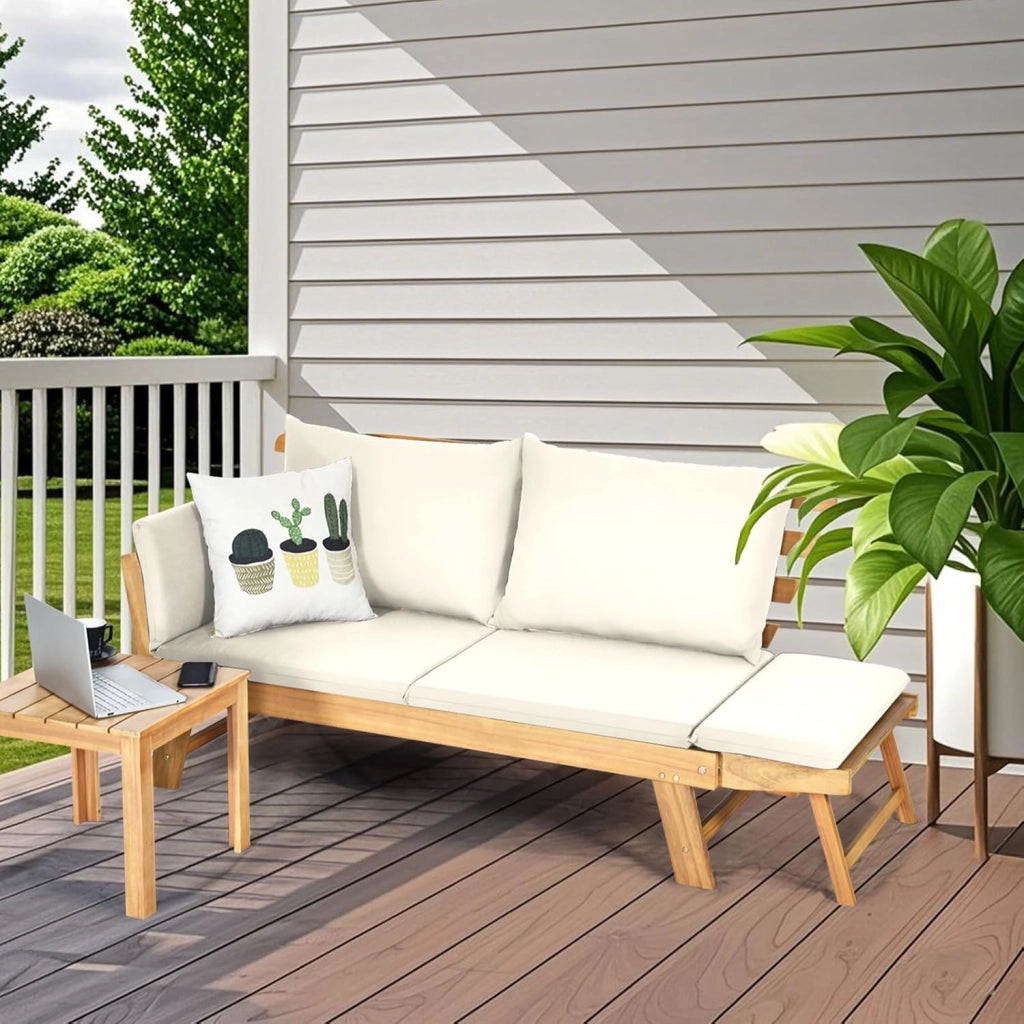3 in 1 Divano convertibile Letto Giardino Esterno, Divano 2-4 Posti in Legno di Acacia con Cuscini di Schienale e Seduta Spessa Rimovibile, Carico 320KG, per Balcone Terrazza, Bianco